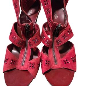 Michael Kors MK Cut Out Rhinestone Heels Pumps Shoes Red Size 8.5